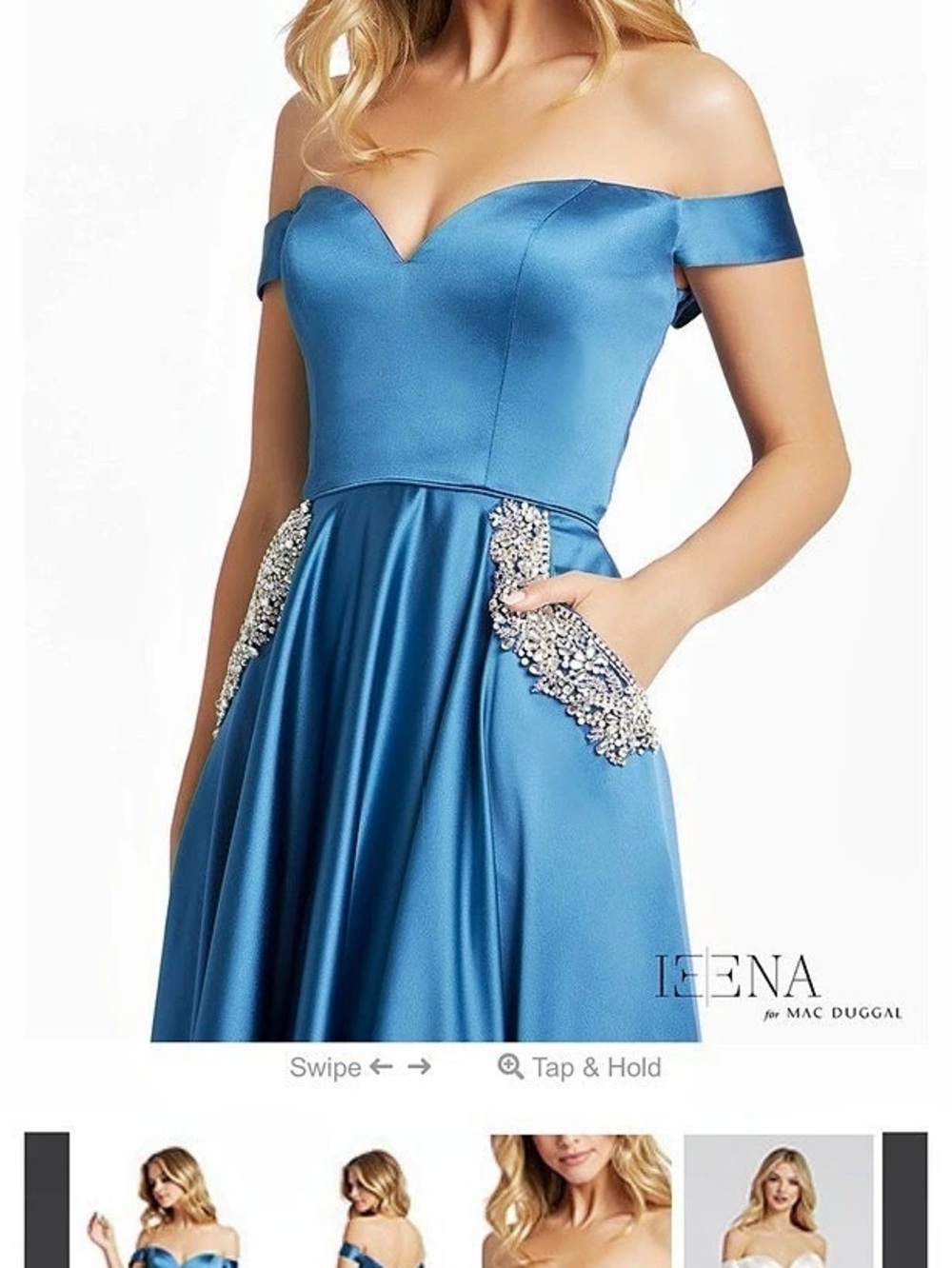 Ieena for Mac Duggal Off-The-Shoulder Satin Rhinestone Pocket Gown Blue size 8 E